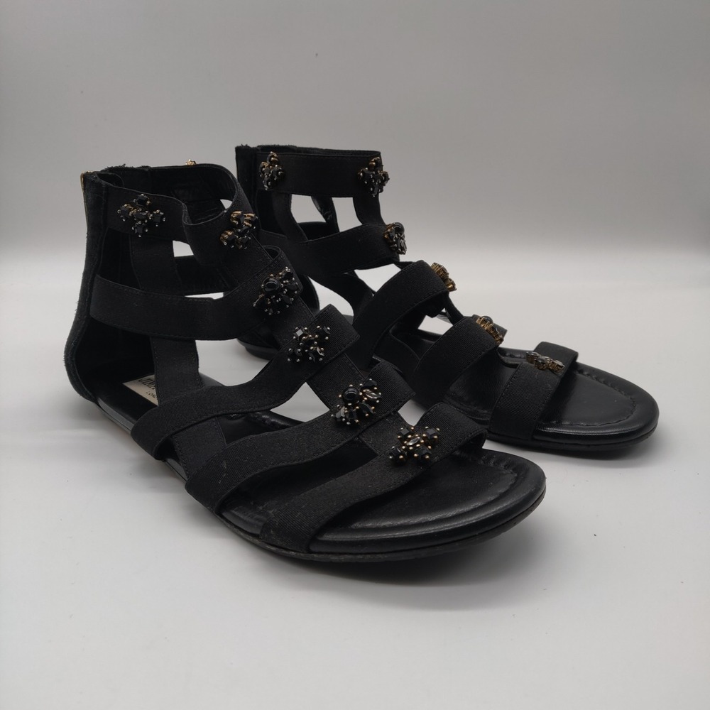 JIMMY CHOO Waiver Sandals Flat Black Mix Suede And Elastic Size 37 7